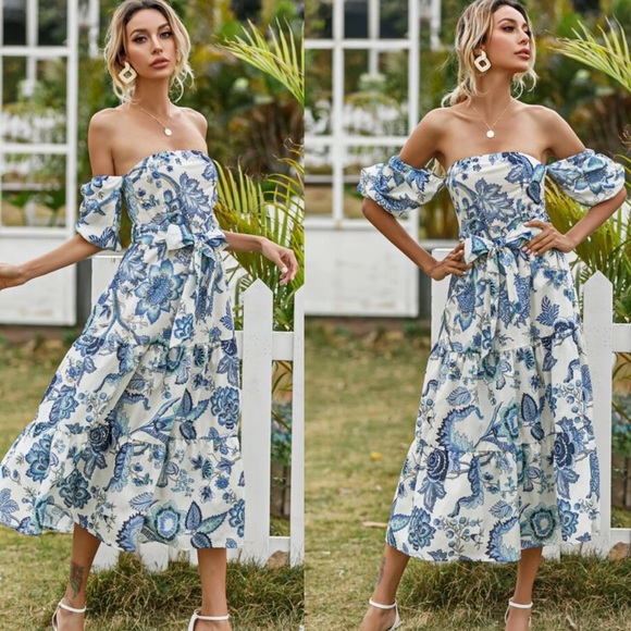 Floral print off shoulder belted dress - Picture 3 of 4